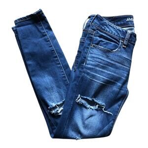 American Eagle Super Super Stretch Jeans 00 Short Distressed Skinny Blue Denim